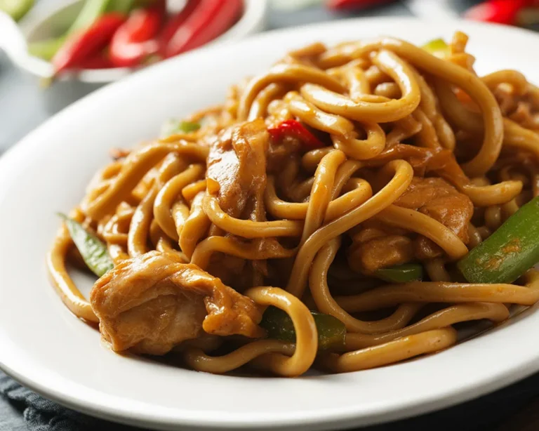 Nouilles Sautées au Poulet Caramélisé avec légumes frais et sauce soja.