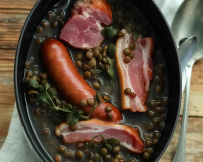 Plat de Petit salé aux lentilles avec légumes et saucisses, savoureux et réconfortant.
