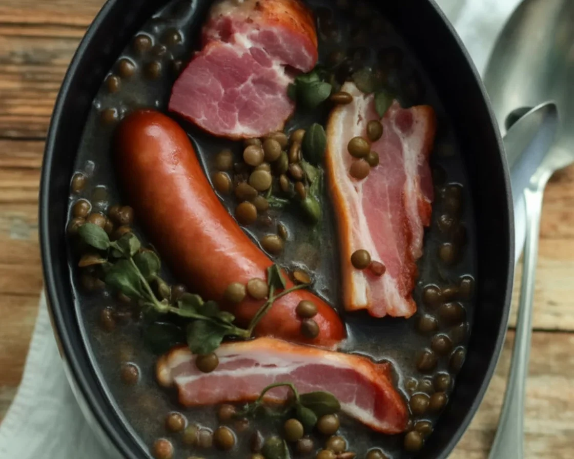 Plat de Petit salé aux lentilles avec légumes et saucisses, savoureux et réconfortant.