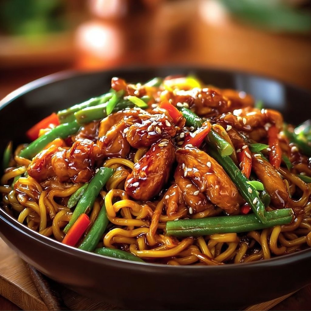 Nouilles sautées au poulet caramélisé