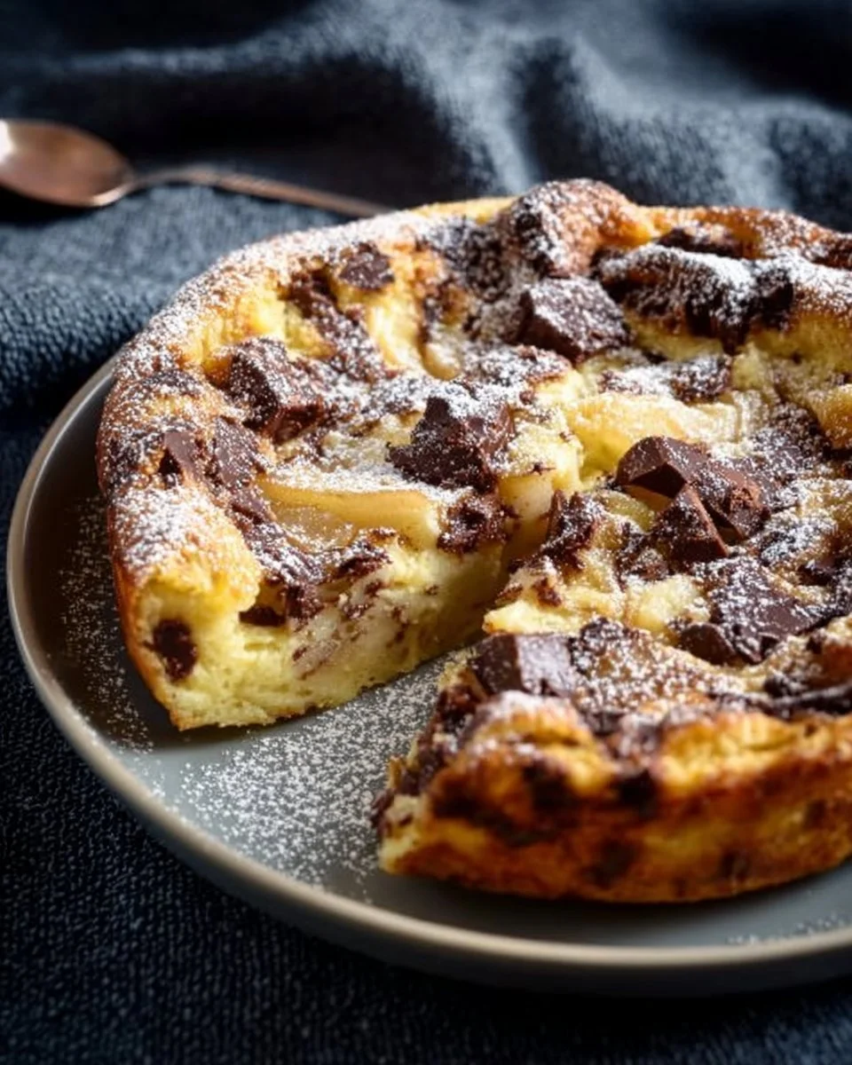 Delicious Chocolate Pear Clafoutis dessert with chocolate and pear slices