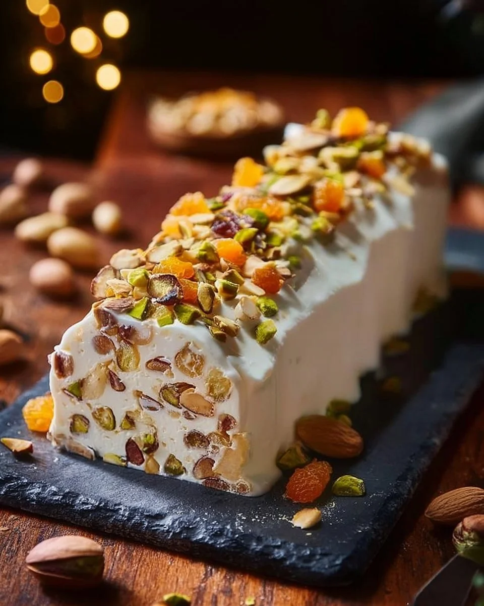 Deliciously creamy Frozen Nougat Log dessert garnished with nuts
