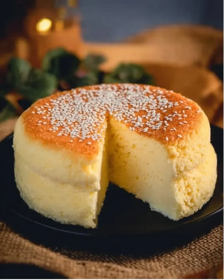 Slice of soft and fluffy Japanese cloud cake on a plate