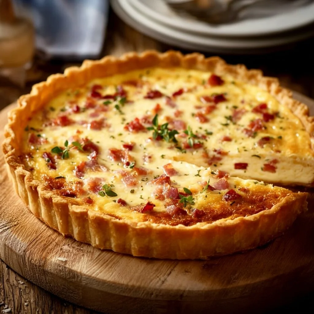 Quiche Lorraine délicieuse garnie de lardons et de fromage dans une croûte dorée.