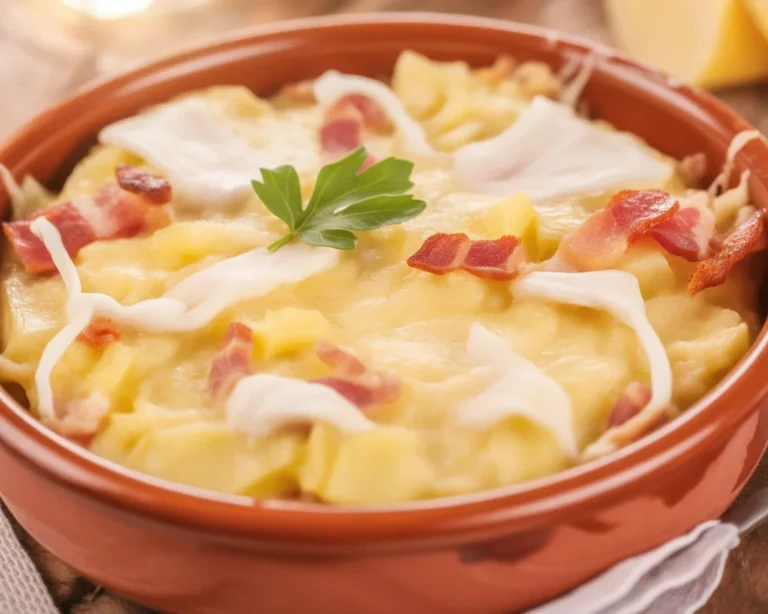 Recette traditionnelle de tartiflette avec pommes de terre, reblochon et lardons.