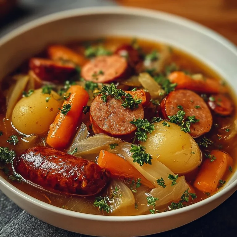 Recette de stew traditionnel avec saucisses fumées dans un plat appétissant.