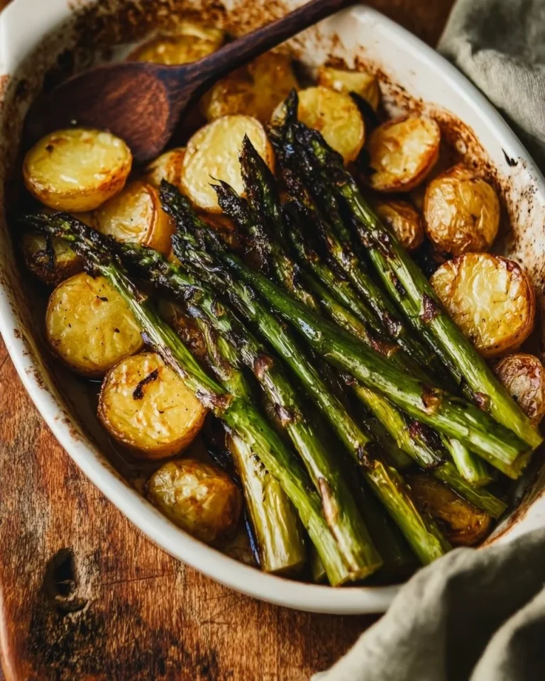 Asperges vertes et pommes de terre rôties au vinaigre balsamique sur une assiette