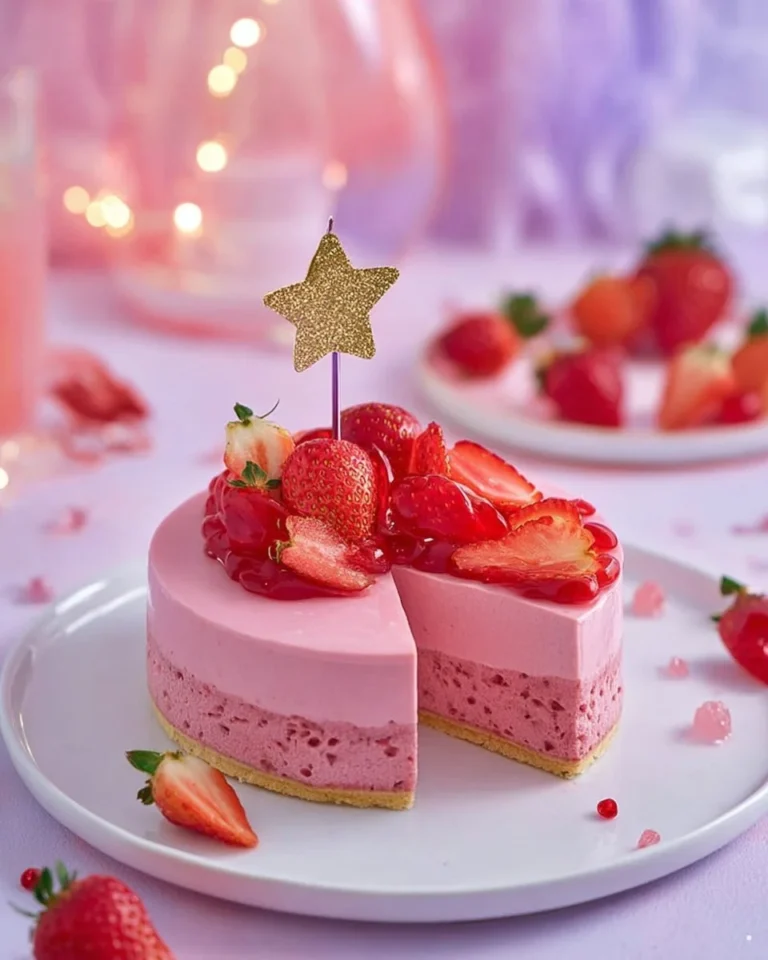 Bavarois à la fraise garnie de fraises fraîches et crème