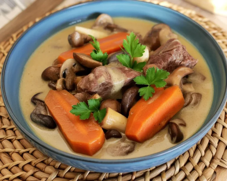 Plat de blanquette de veau traditionnel français servi avec des légumes dans une sauce crémeuse.