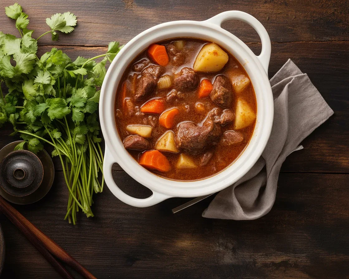 Recette de bœuf bourguignon avec vin rouge, oignons, champignons et bacon.