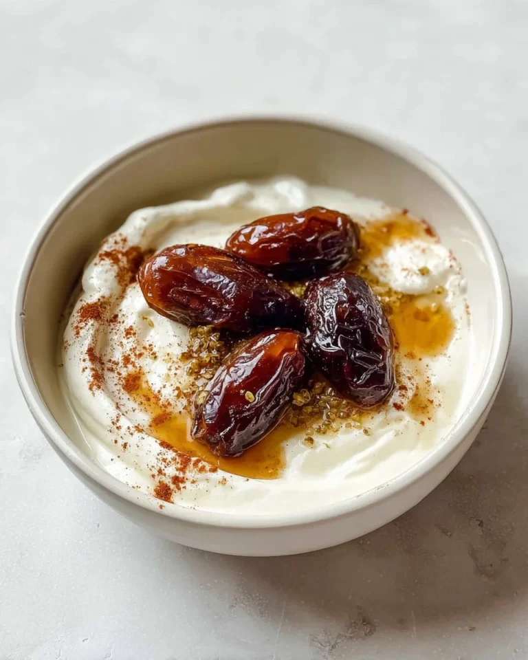 Bol de yaourt aux dattes caramélisées servi avec des fruits frais.