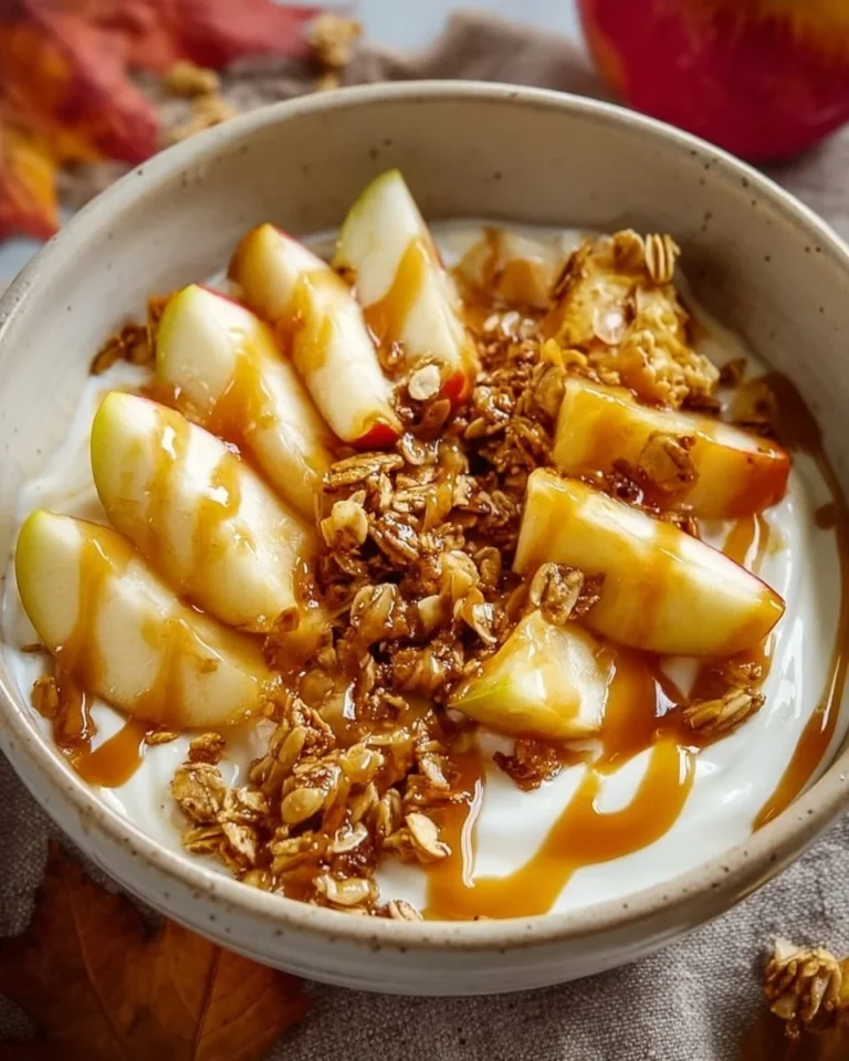 Bol de yaourt aux pommes caramélisées avec des morceaux de pommes et du caramel