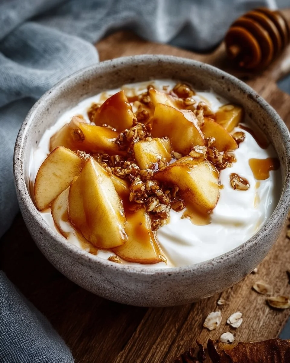 Bol de yaourt aux pommes caramélisées