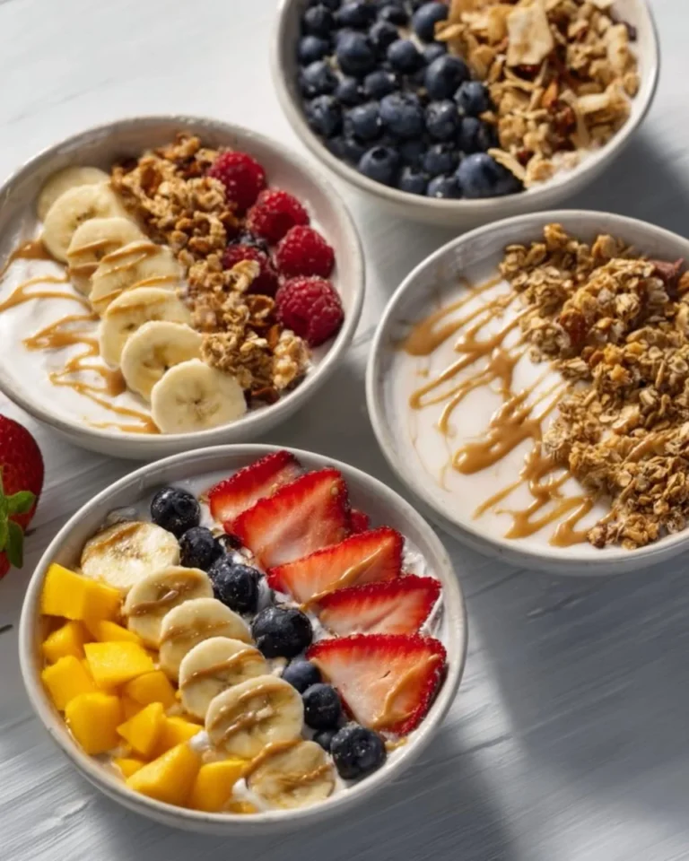Bols de granola au yaourt garnis de fruits frais et noix.