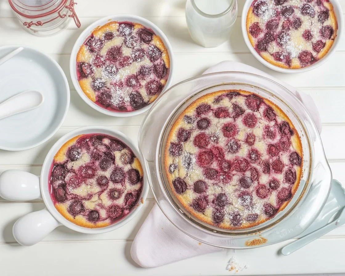 Clafoutis aux cerises traditionnel cuit au four avec des cerises fraîches et une pâte légère.