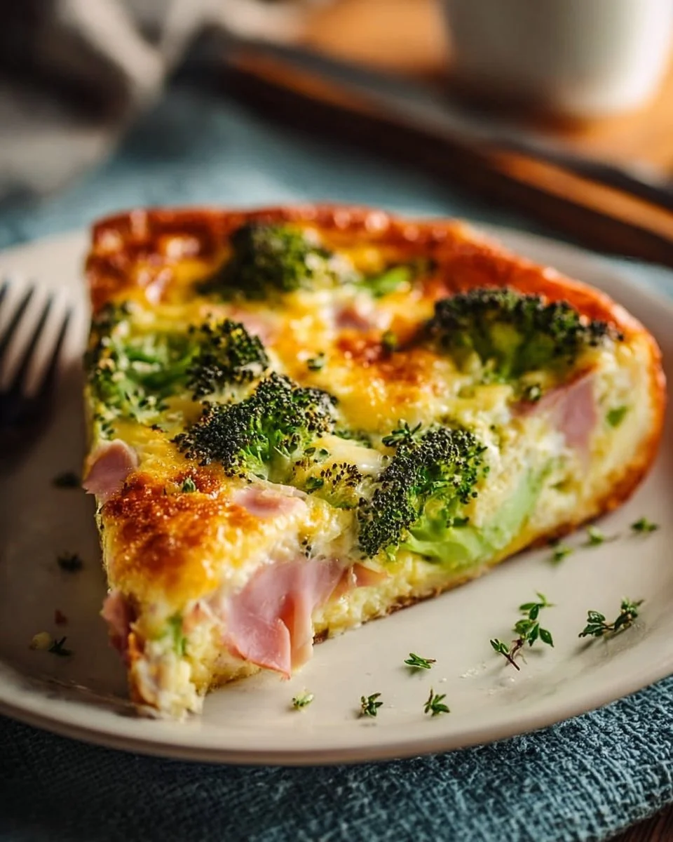 Clafoutis salé au brocoli et jambon, plat savoureux et adapté pour un repas facile.