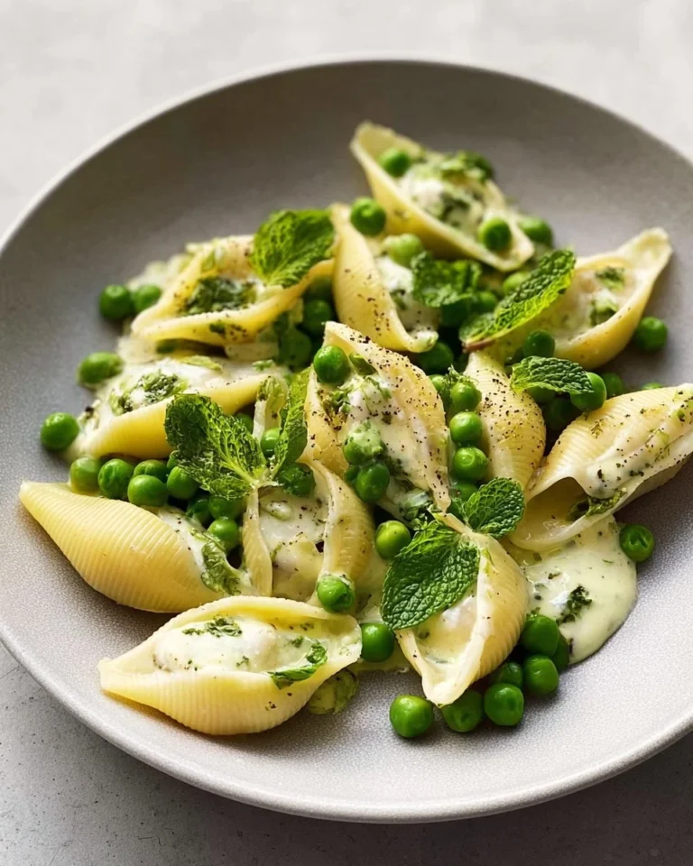 Plat de conchiglioni farcis de ricotta et petits pois, prêt à être servi.