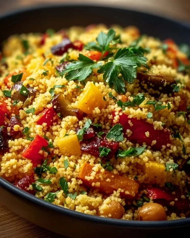 Couscous marocain aux légumes rôtis servi dans un plat traditionnel.