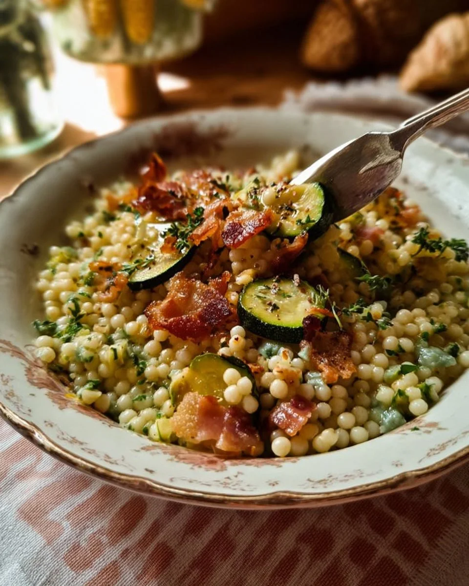 Couscous perlé, crème de courgette et guanciale