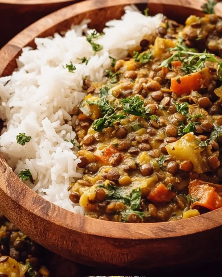 Curry savoureux avec lentilles vertes et légumes colorés dans un plat
