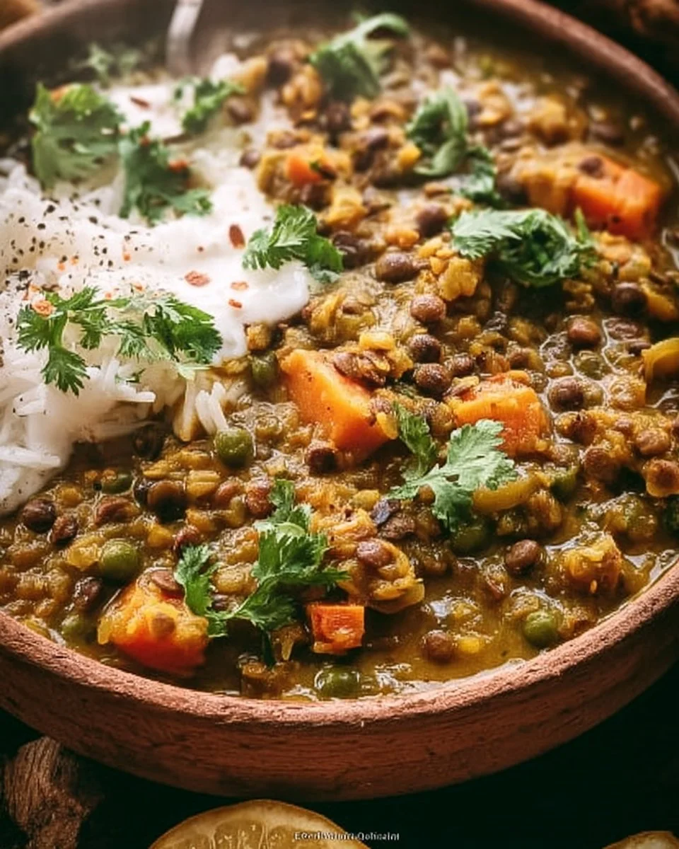 Curry with green lentils and vegetables