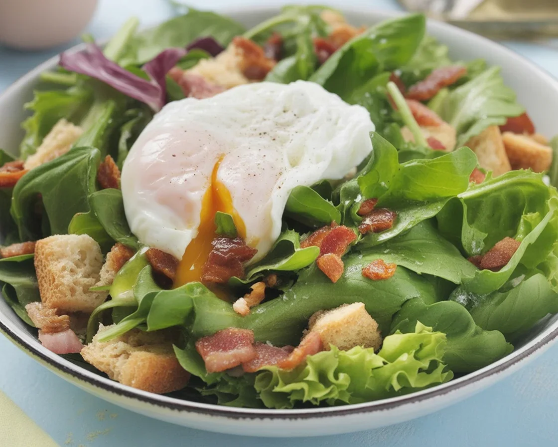 Salade lyonnaise avec frisée, lardons croustillants, et œuf poché sur un lit de verdure.