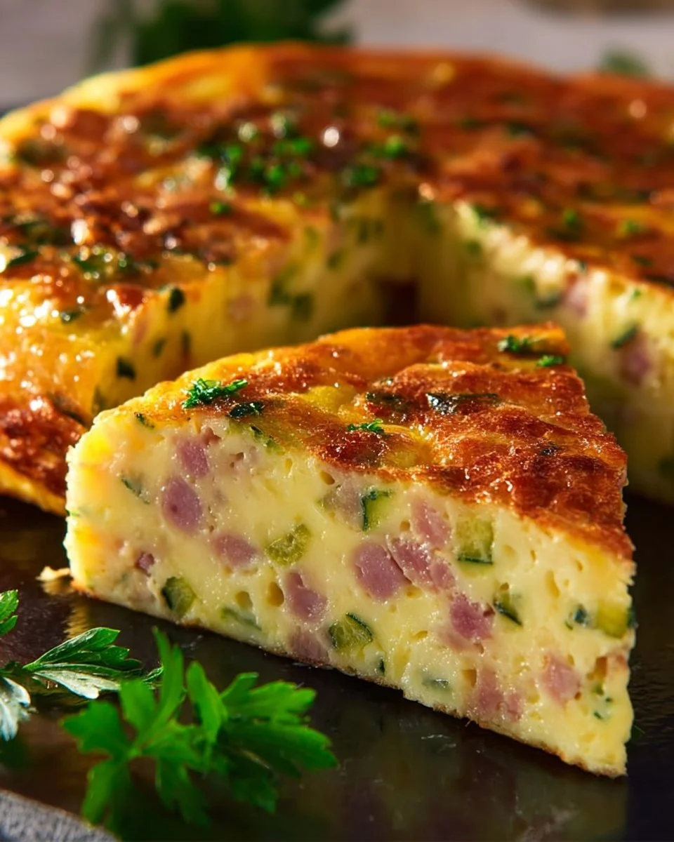 Flan de courgettes au jambon et mozzarella, plat savoureux et équilibré.