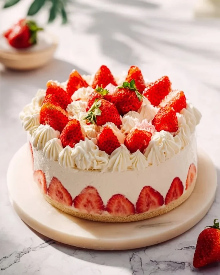Gâteau fraisier décoré avec des fraises fraîches et de la crème chantilly