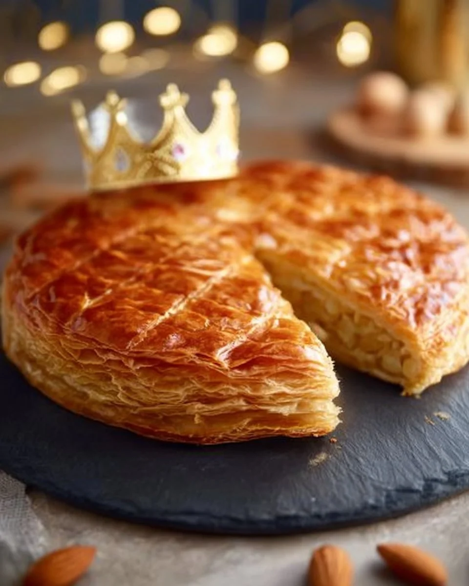 Galette des Rois Frangipane dorée et garnie, dessert traditionnel français
