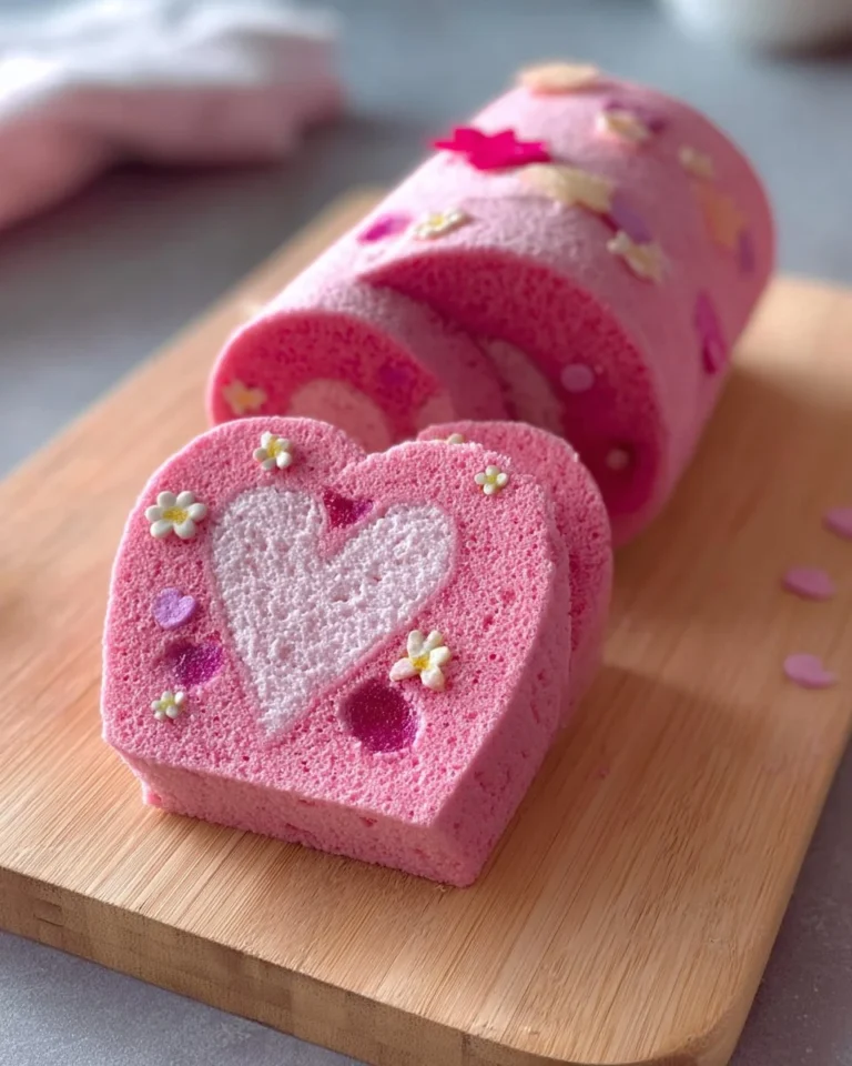 Gâteau roulé en forme de cœur décoré avec des fruits et crème