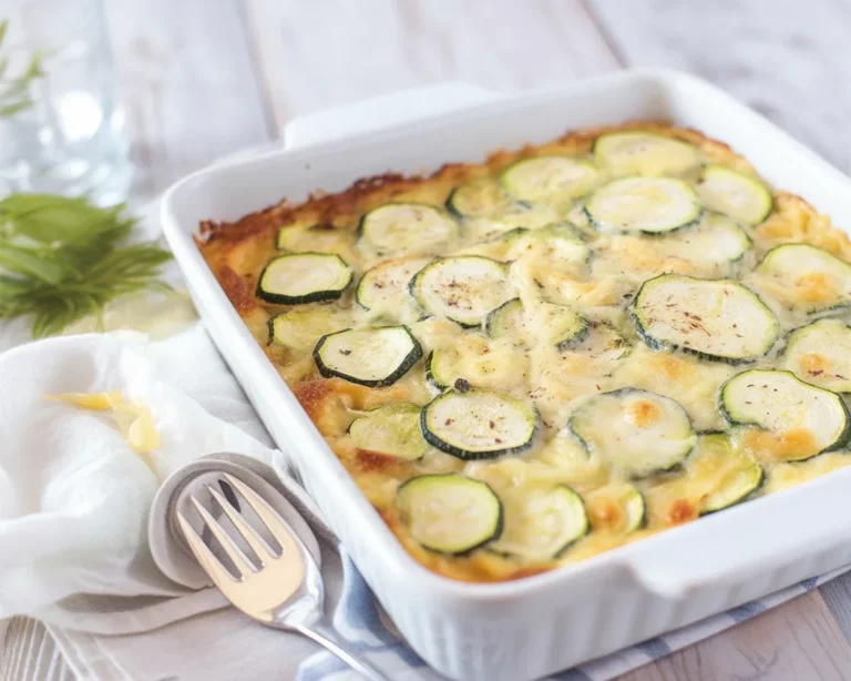 Gratin de courgettes savoureux avec crème, œufs et fromage, prêt à servir.