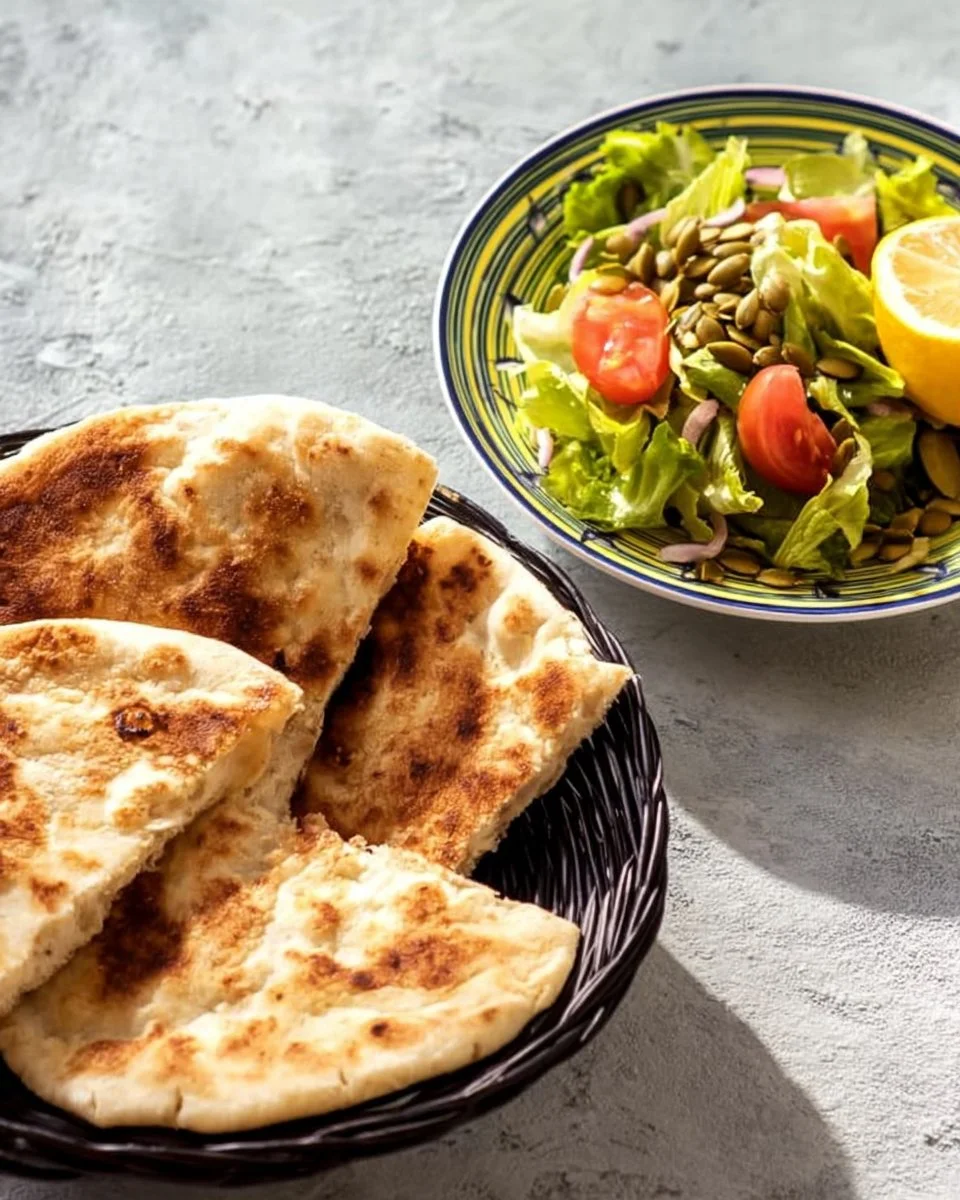 Kesra, pain plat algérien traditionnel, servi avec des plats typiques.