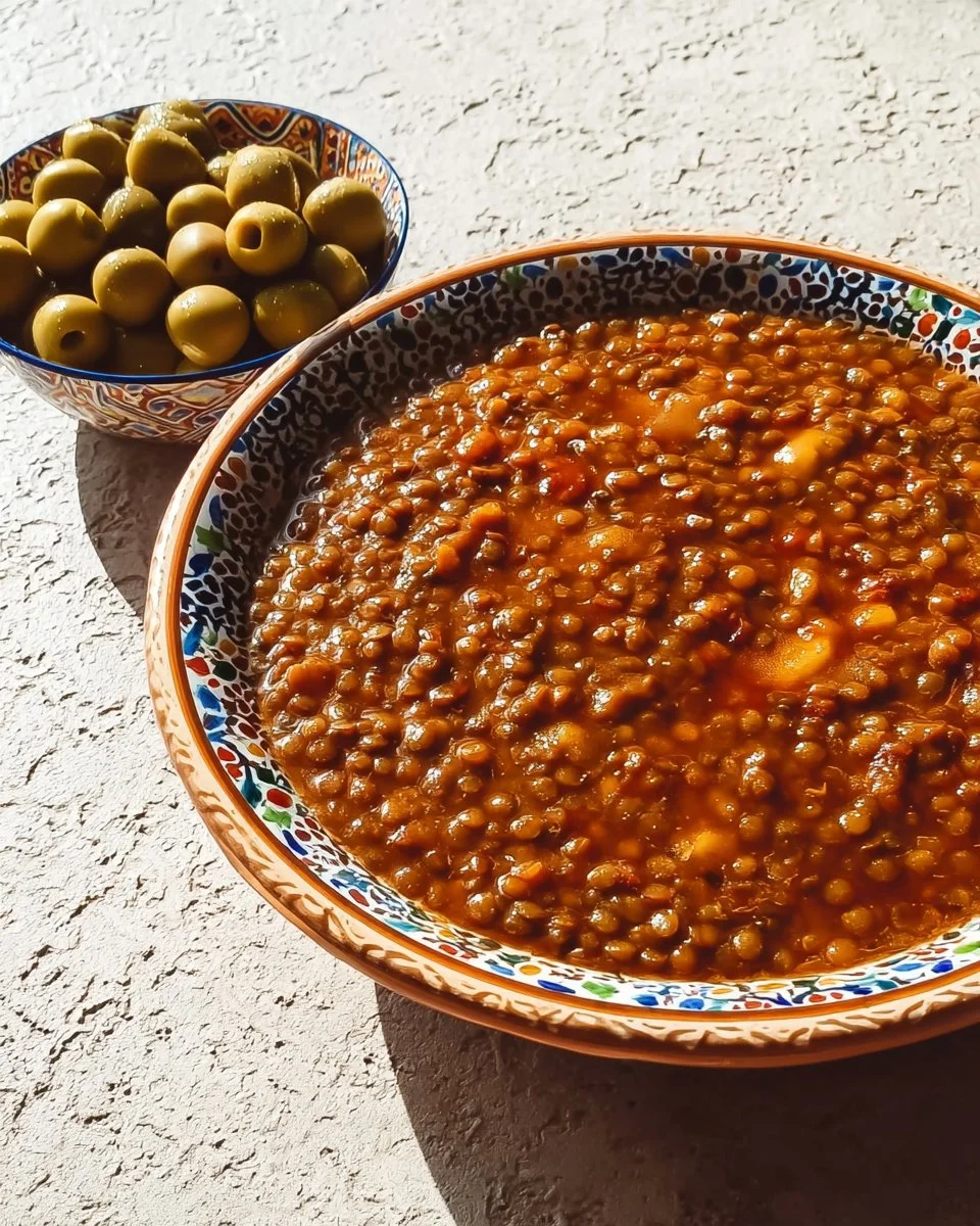 Plat de Lahdess, délicieuses lentilles marocaines prêtes à être dégustées.