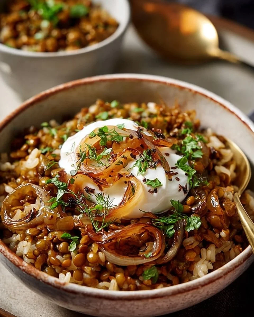 Mujadara - Plat libanais de lentilles et riz, délicieux et nourrissant.