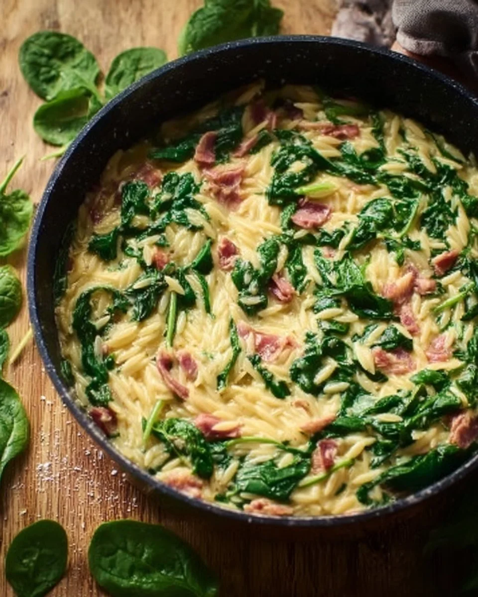 Orzo crémeux bacon épinards