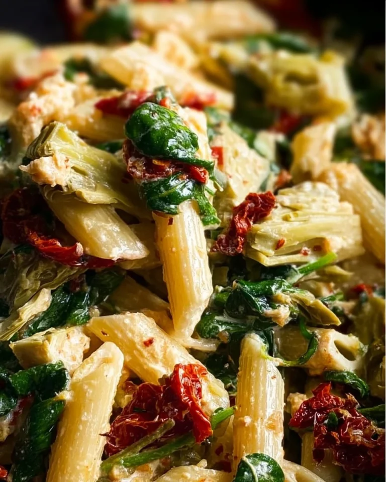 Pasta avec crème d'artichaut, poulet et tomates séchées dans une assiette