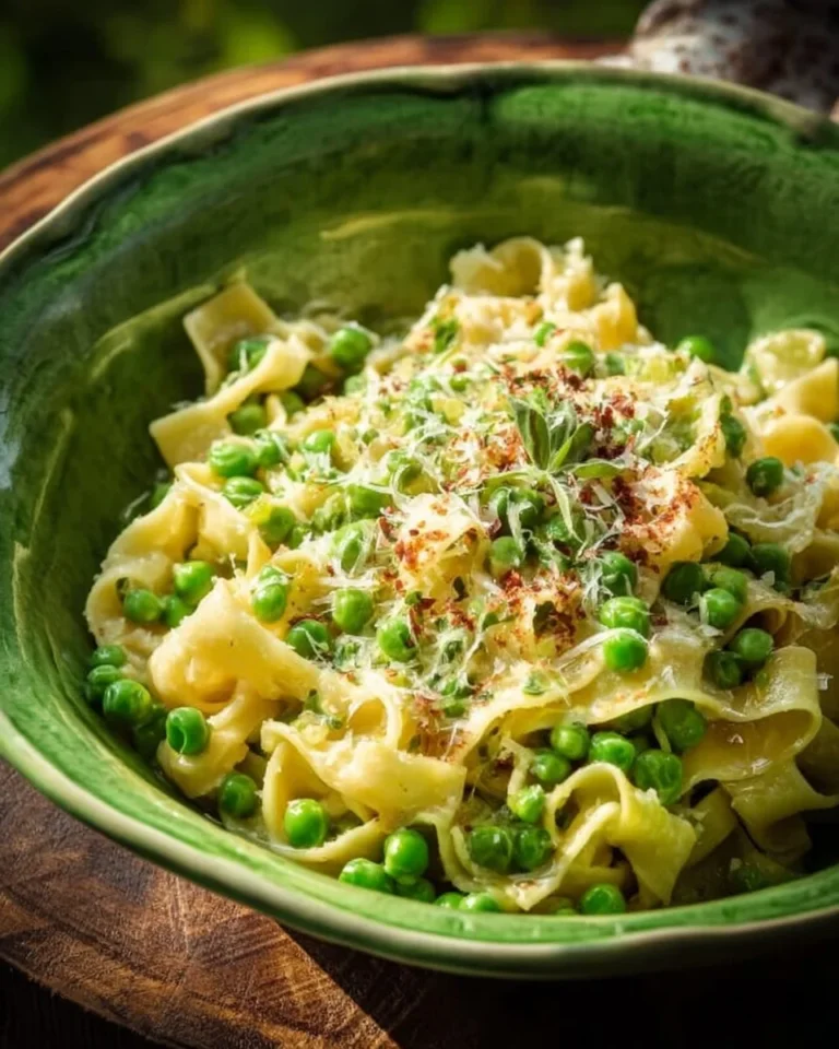 Assiette de pâtes aux petits pois, plat savoureux et facile à cuisiner.
