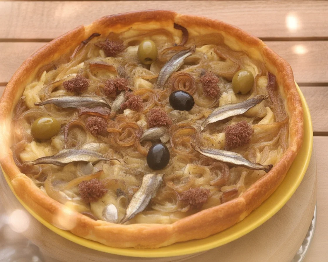 Pissaladière avec oignons caramélisés, anchois et olives, plat typique de Provence.