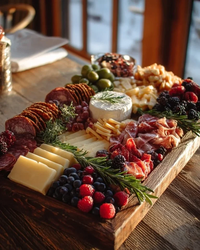 Plateau de charcuterie de Noël avec une variété de viandes et fromages festifs.