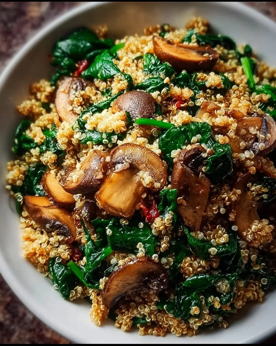 Poêlée de quinoa garnie de champignons et d'épinards dans une assiette.