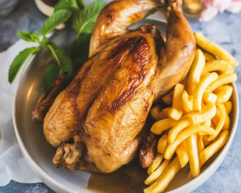 Poulet rôti du dimanche avec pommes de terre rôties et herbes fraîches.