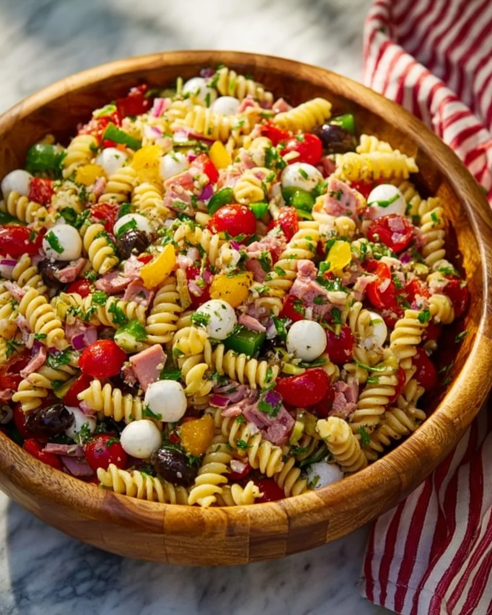 Rafraîchissante salade de pâtes à l’italienne avec légumes colorés