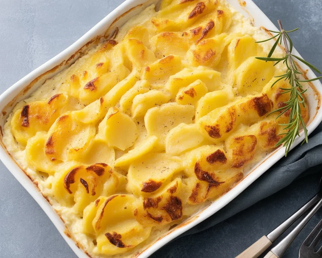 Gratin dauphinois, un plat français traditionnel de pommes de terre crémeuses au four.