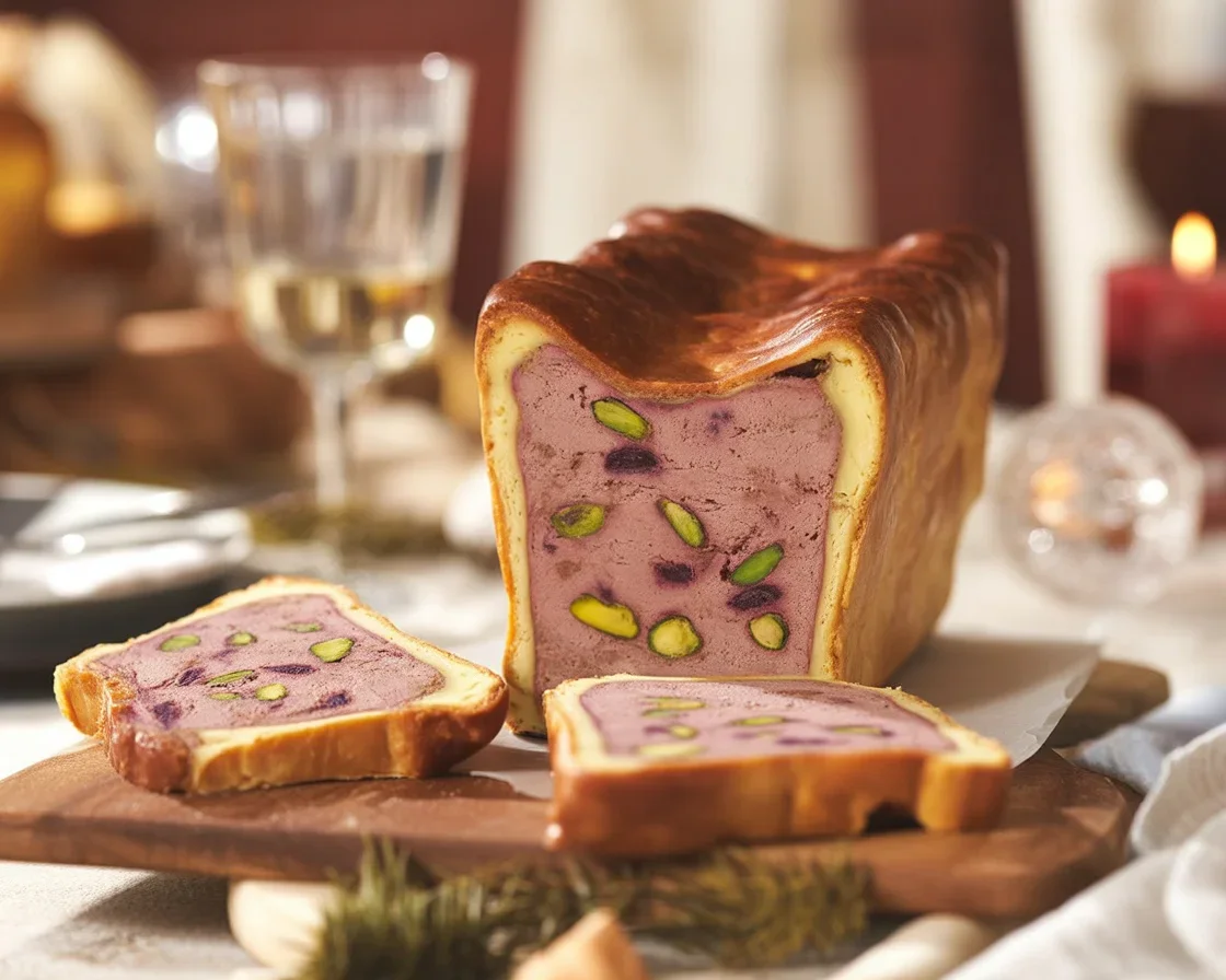 Pâté en croûte, une délicieuse pâtisserie française avec un mélange de viandes sous une croûte dorée.