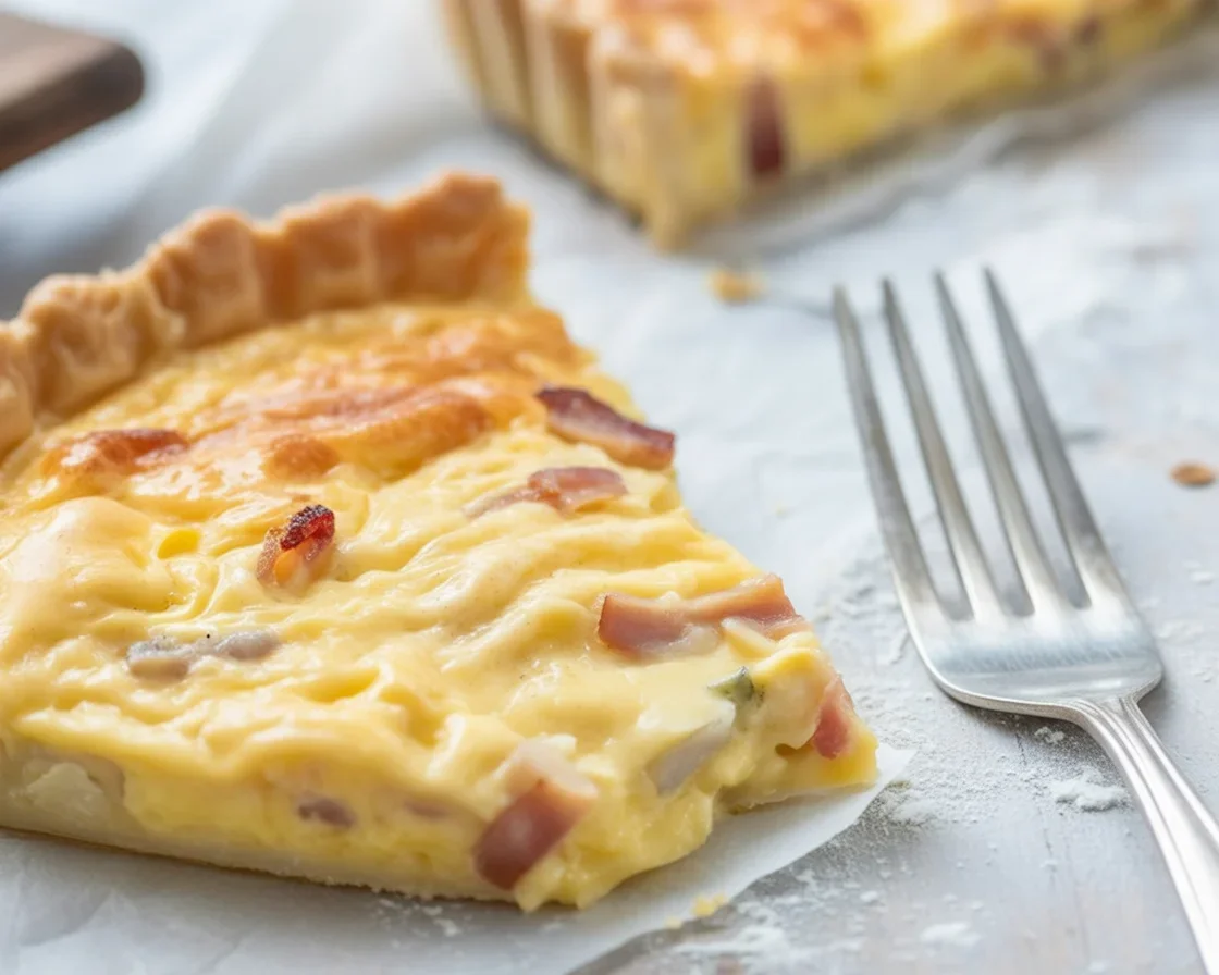 Quiche lorraine faite maison avec lardons, crème et fromage dans une croûte dorée.