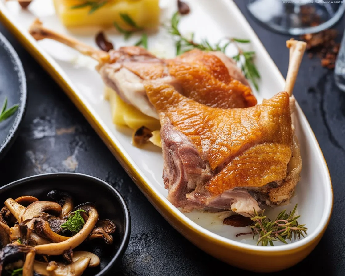 Confit de canard préparé avec des cuisses de canard dorées et savoureuses.