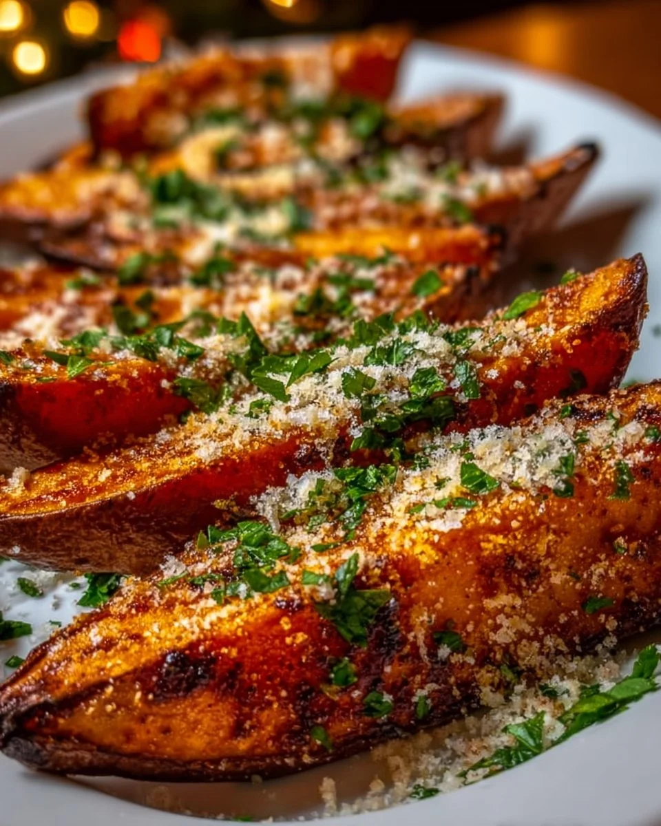 Patates douces rôties avec ail et parmesan sur une assiette