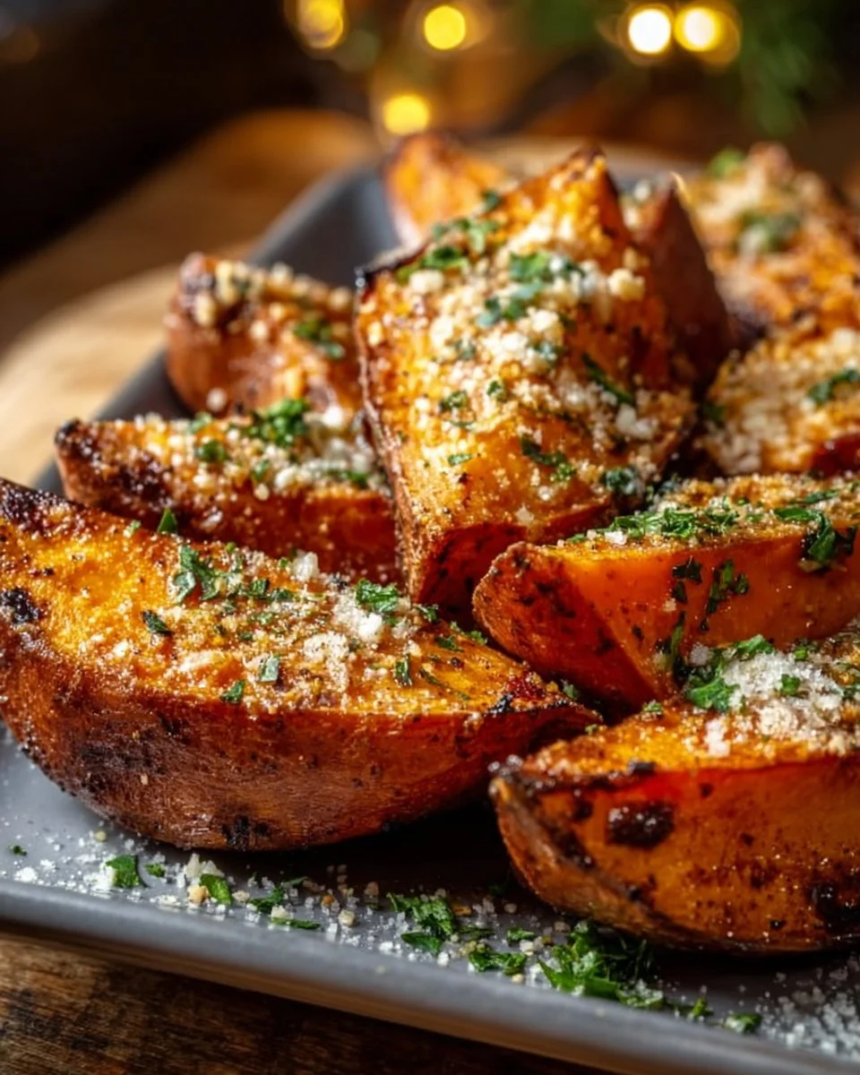 Roasted Sweet Potatoes with Garlic and Parmesan