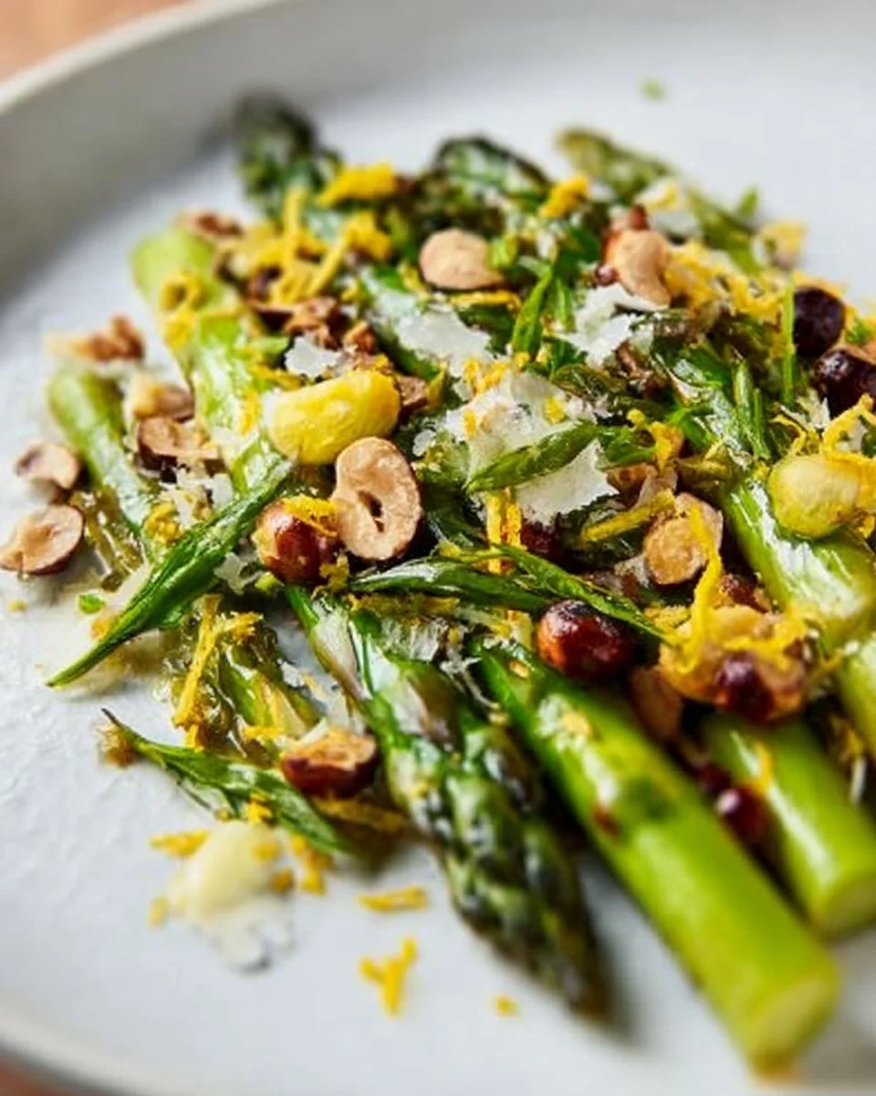 Salade d’asperges vertes, noisettes et basilic présentée dans un bol.