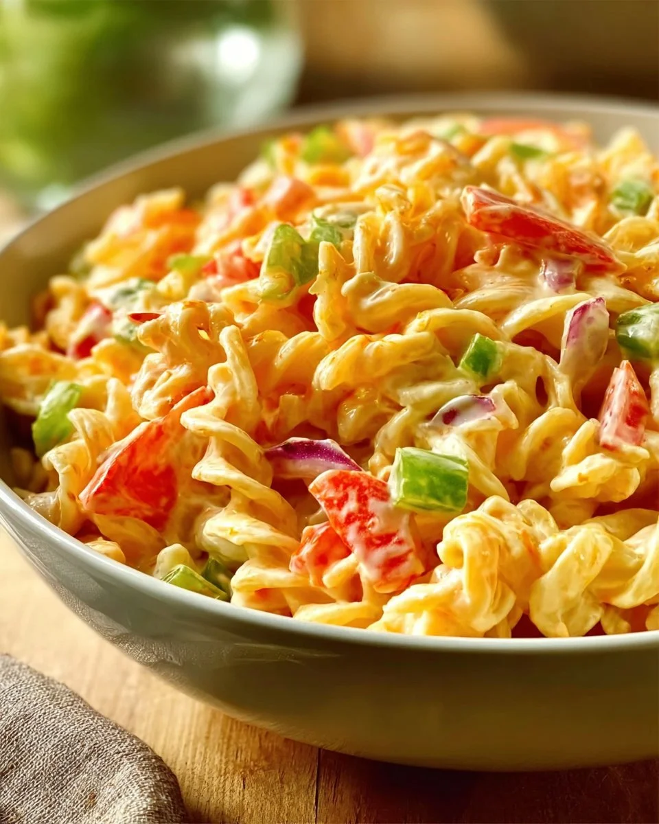 Salade de pâtes en Cadillac rose, crémeuse et acidulée, parfaite pour un pique-nique.